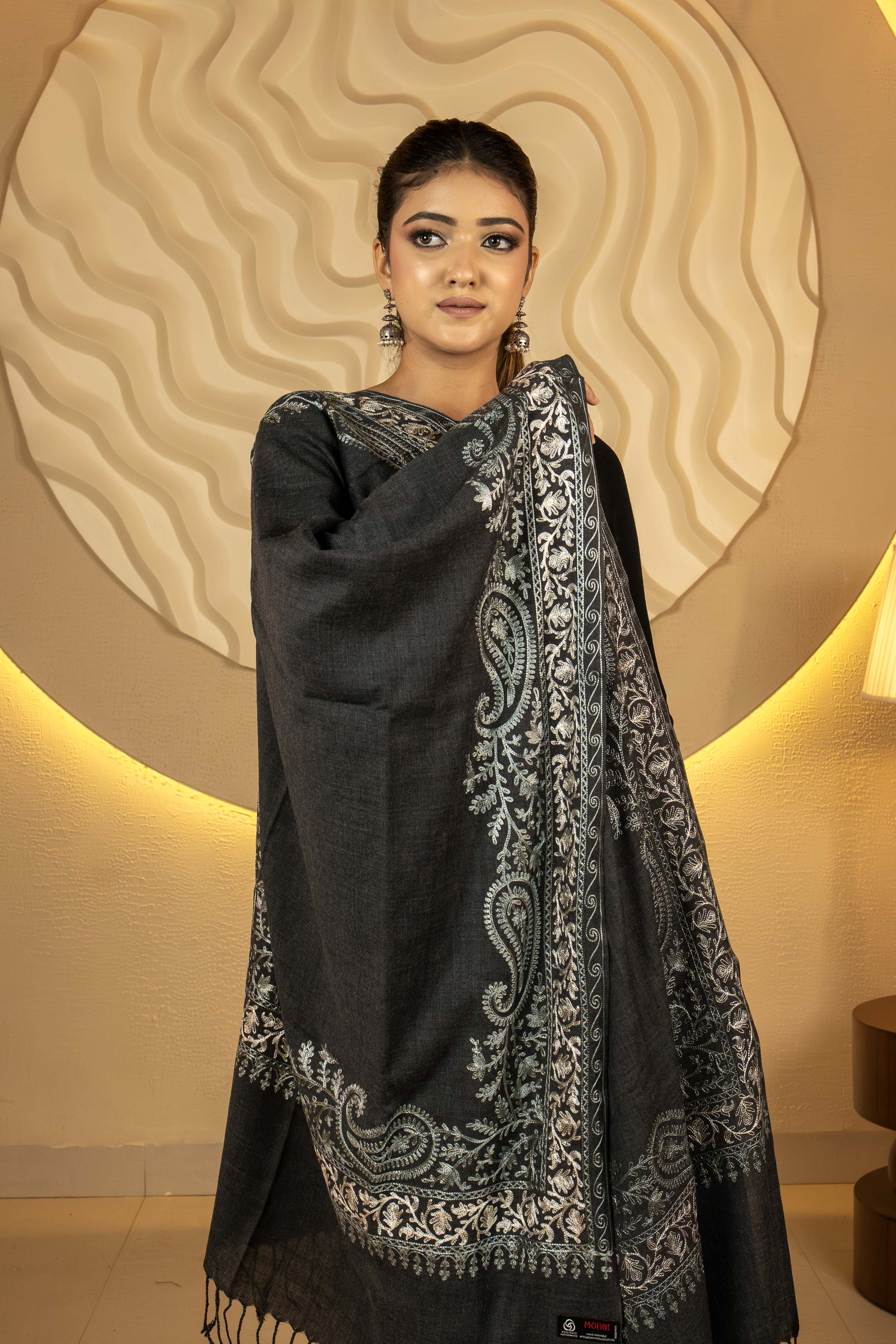 Aari Embroidered Dark Grey Poly Wool Stole For Women
